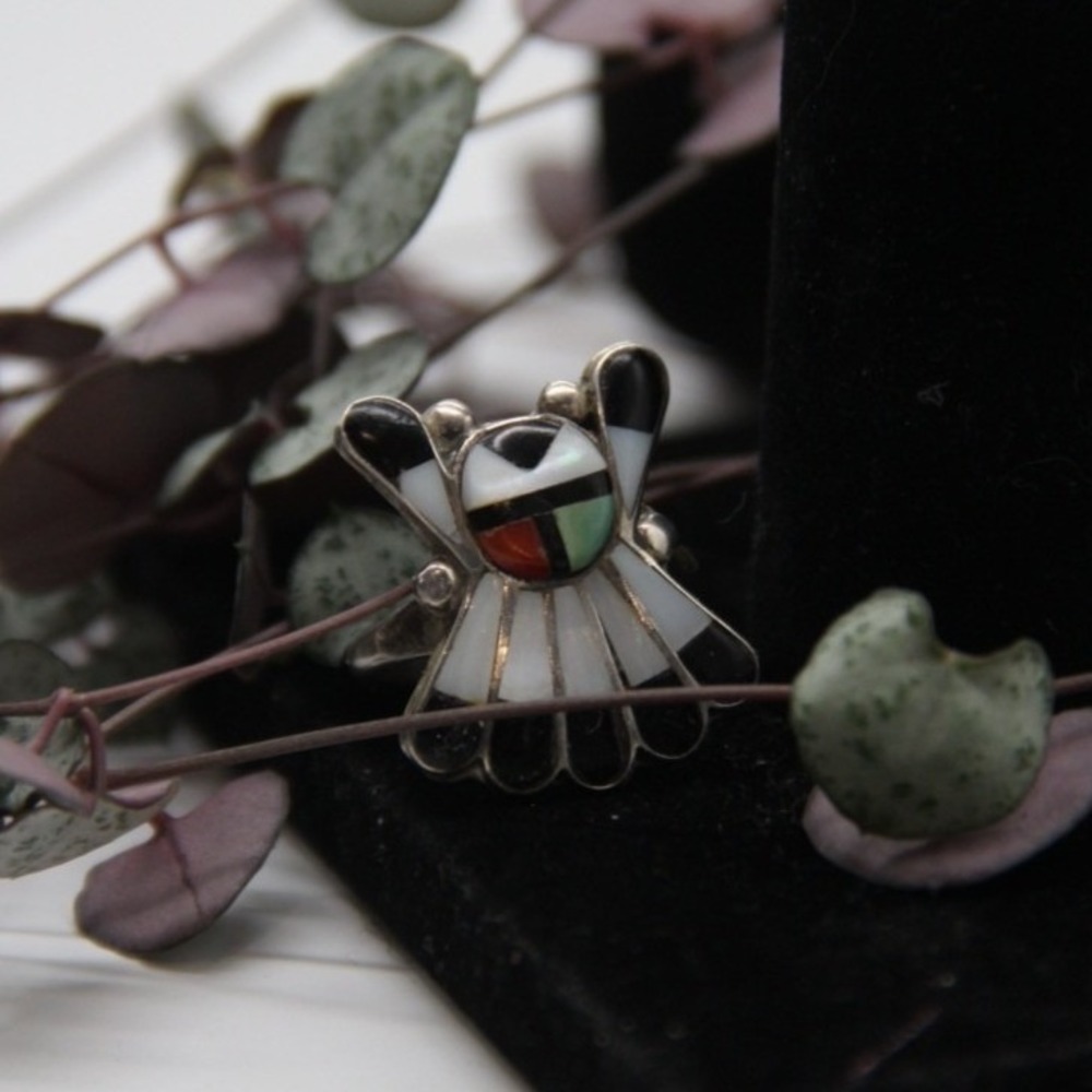 Zuni Sunface Kachina Ring Sterling Silver‎ Inlay Onyx Coral Turquoise Size 7.75